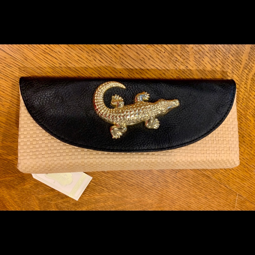 Black and rattan alligator clutch